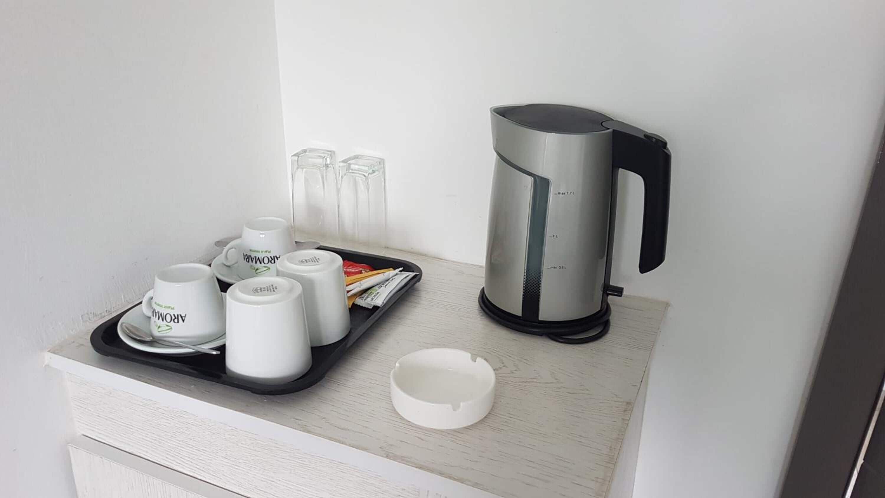 mini-fridge, coffee/tea maker, electric kettle
