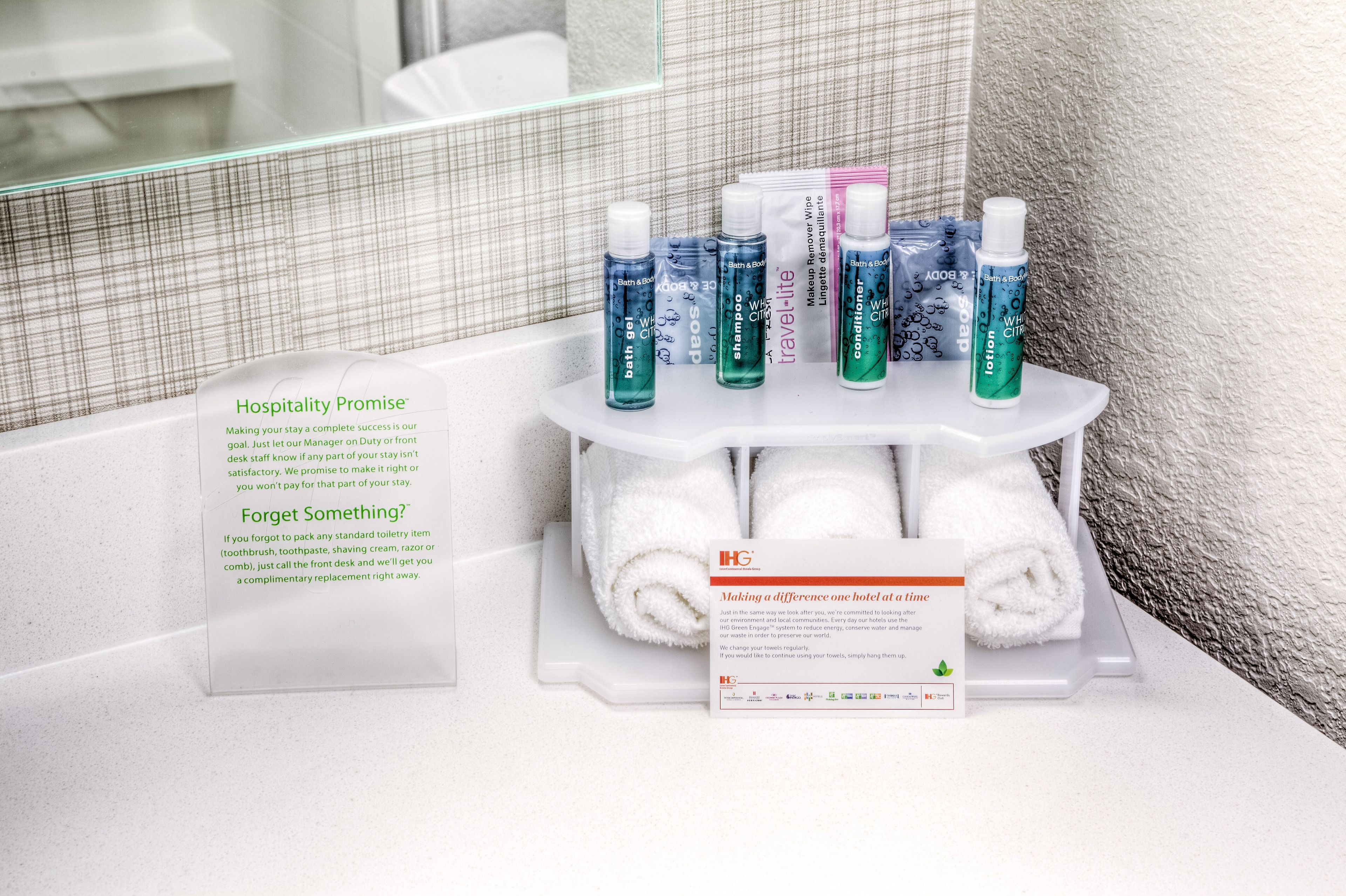 free toiletries, hair dryer, towels