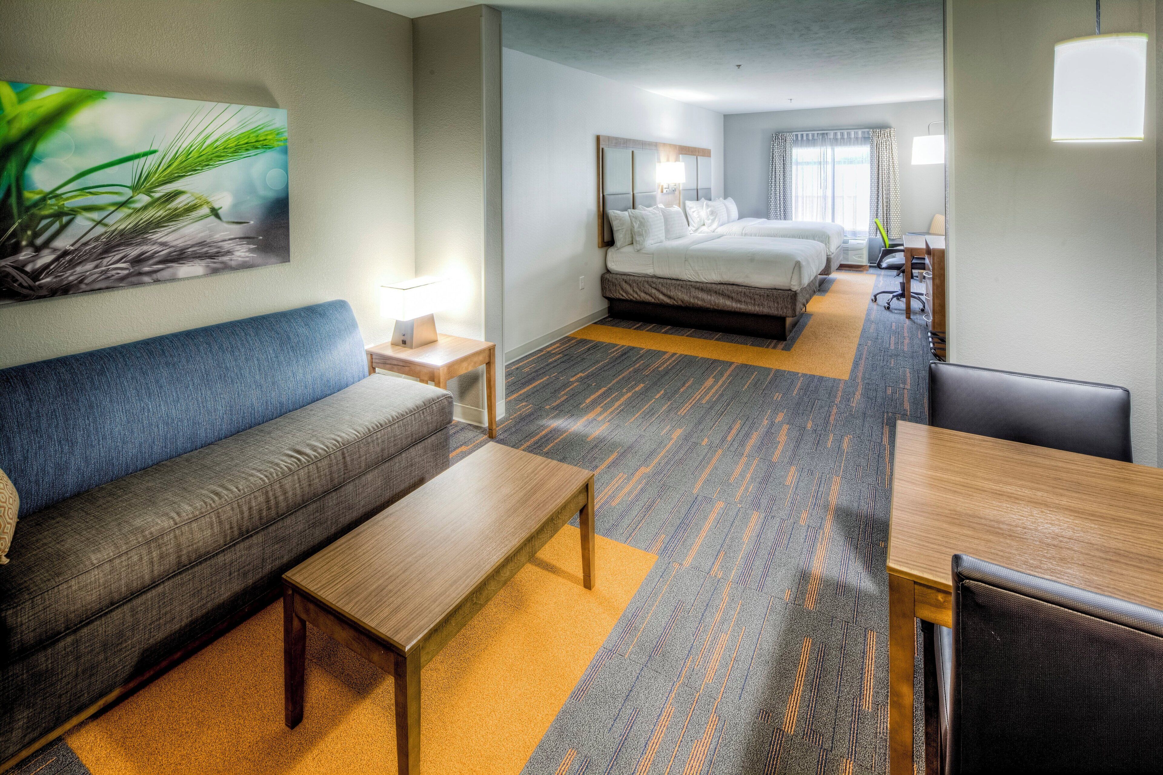 A hotel room with a sofa, a bed, a desk, and a chair.