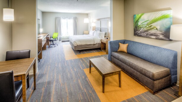 A hotel room with a bed, a sofa, a desk with a chair, and a painting on the wall. - Holiday Inn Express & Suites Cleveland West - Westlake by IHG (Westlake)