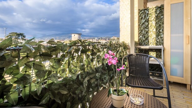 A balcony with a potted plant, a chair, and a view of a cityscape. - Maison Bianca (Florence)