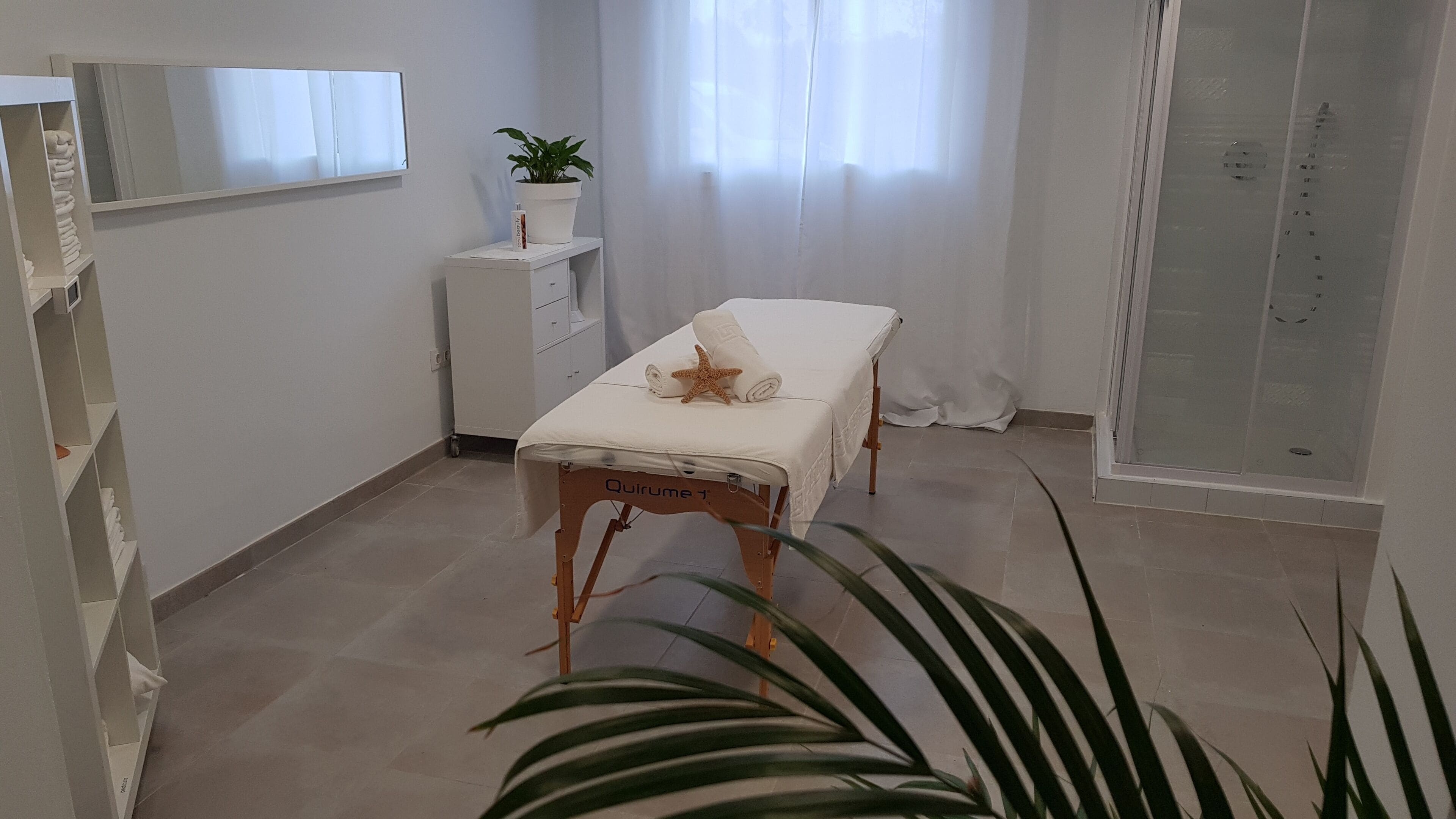 Ein Zimmer mit Massagetisch, einer Topfpflanze, einem Handtuch und einer Dusche.