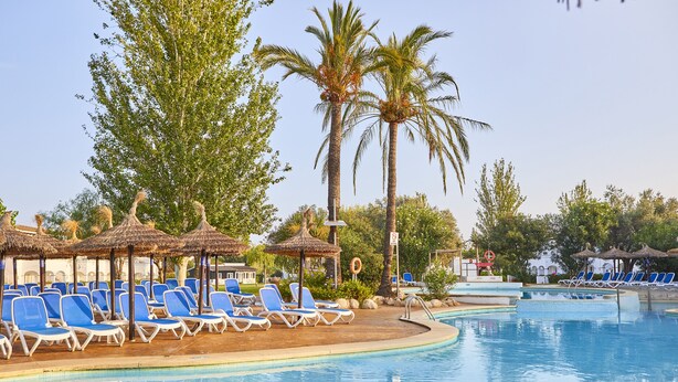 Un área de piscina con sillas reclinables azules, palmeras y sombrillas de paja.