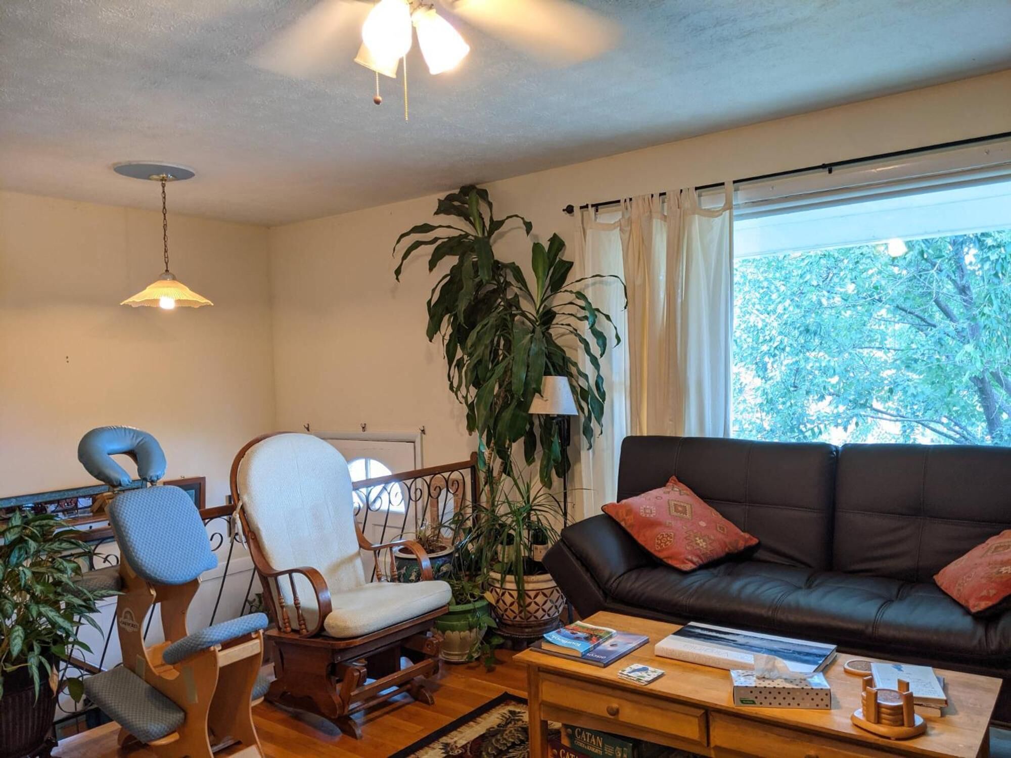 Un salon avec un fauteuil en bois, un canapé en cuir noir, une table basse avec des livres et une grande plante en pot.
