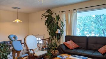A living room with a wooden chair, a black leather sofa, a coffee table with books, and a large potted plant.