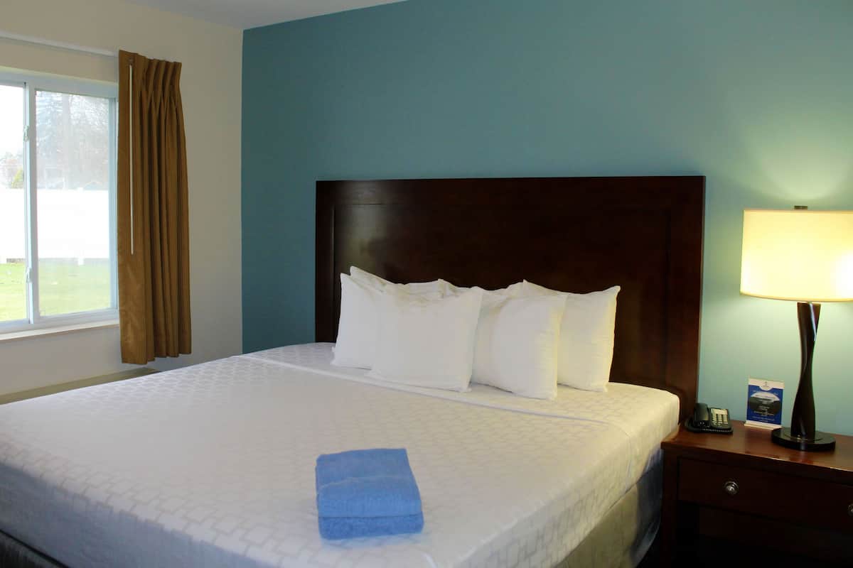 A hotel room with a large bed, a nightstand with a lamp, and a window with curtains.