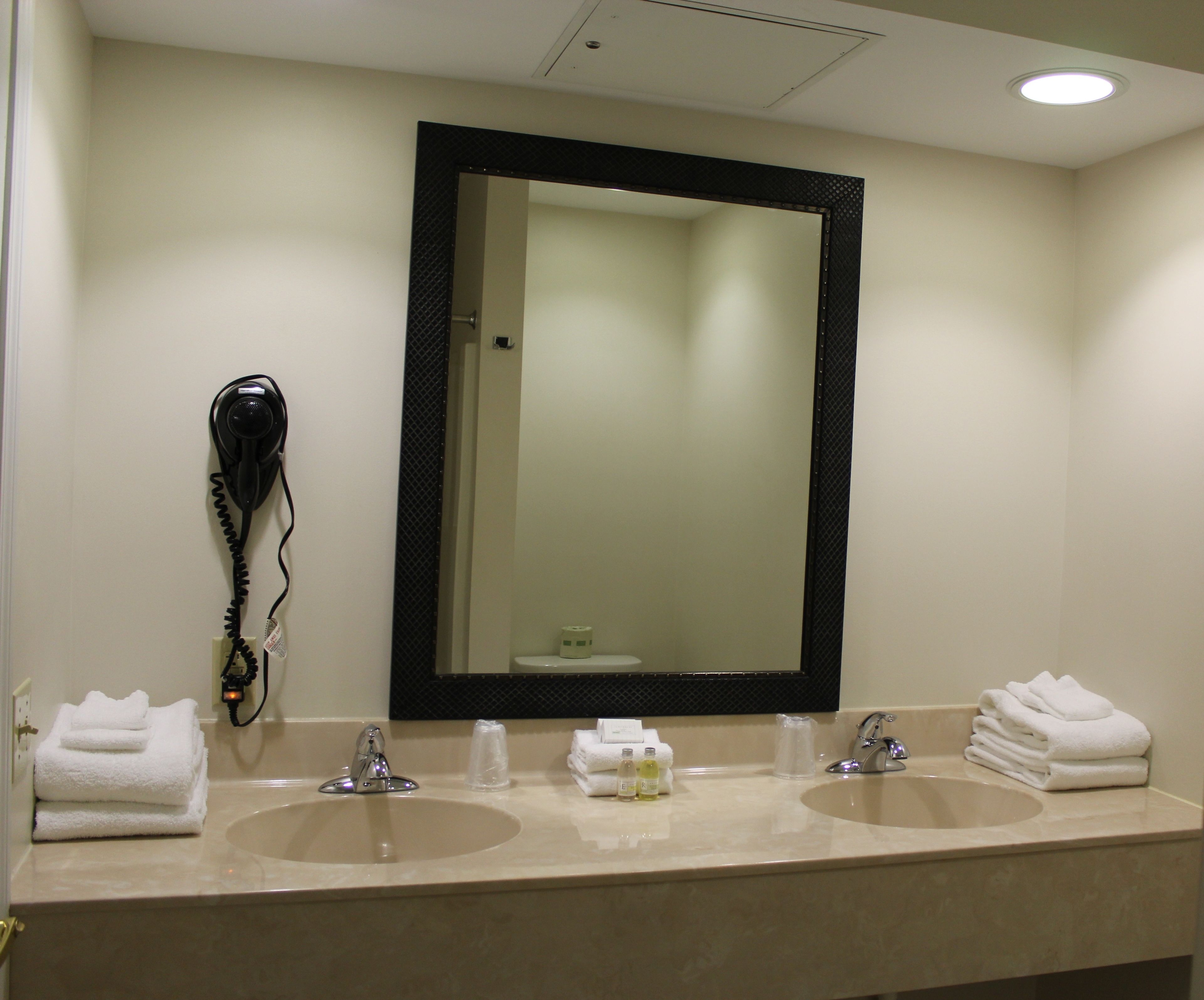 A bathroom with two sinks, a large mirror, and a hairdryer mounted on the wall.