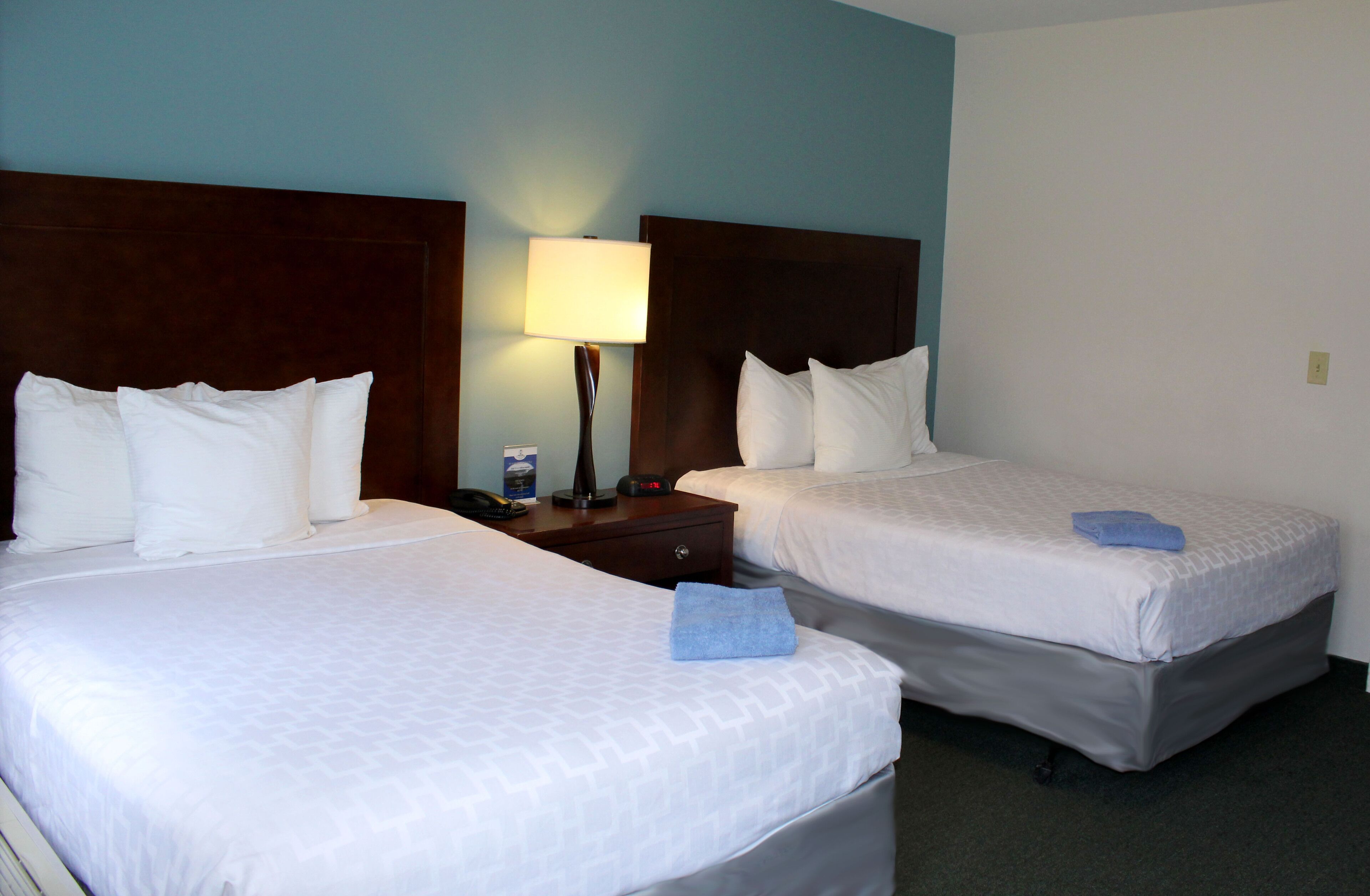 Two single beds with white linens, a nightstand with a lamp, and a wall socket.