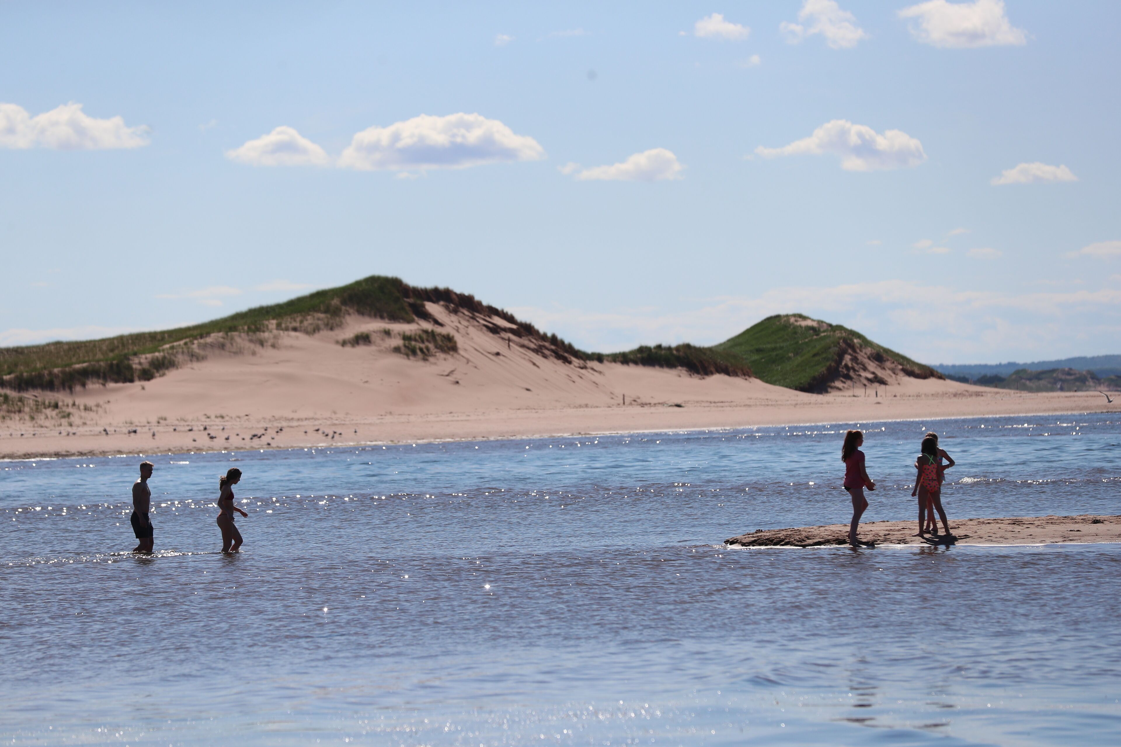 Una playa con gente de pie en aguas poco profundas, una orilla arenosa y colinas al fondo.