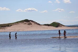 A beach with people standing in shallow water, a sandy shore, and hills in the background. - Parkside Cottages and Suites (Stanhope)