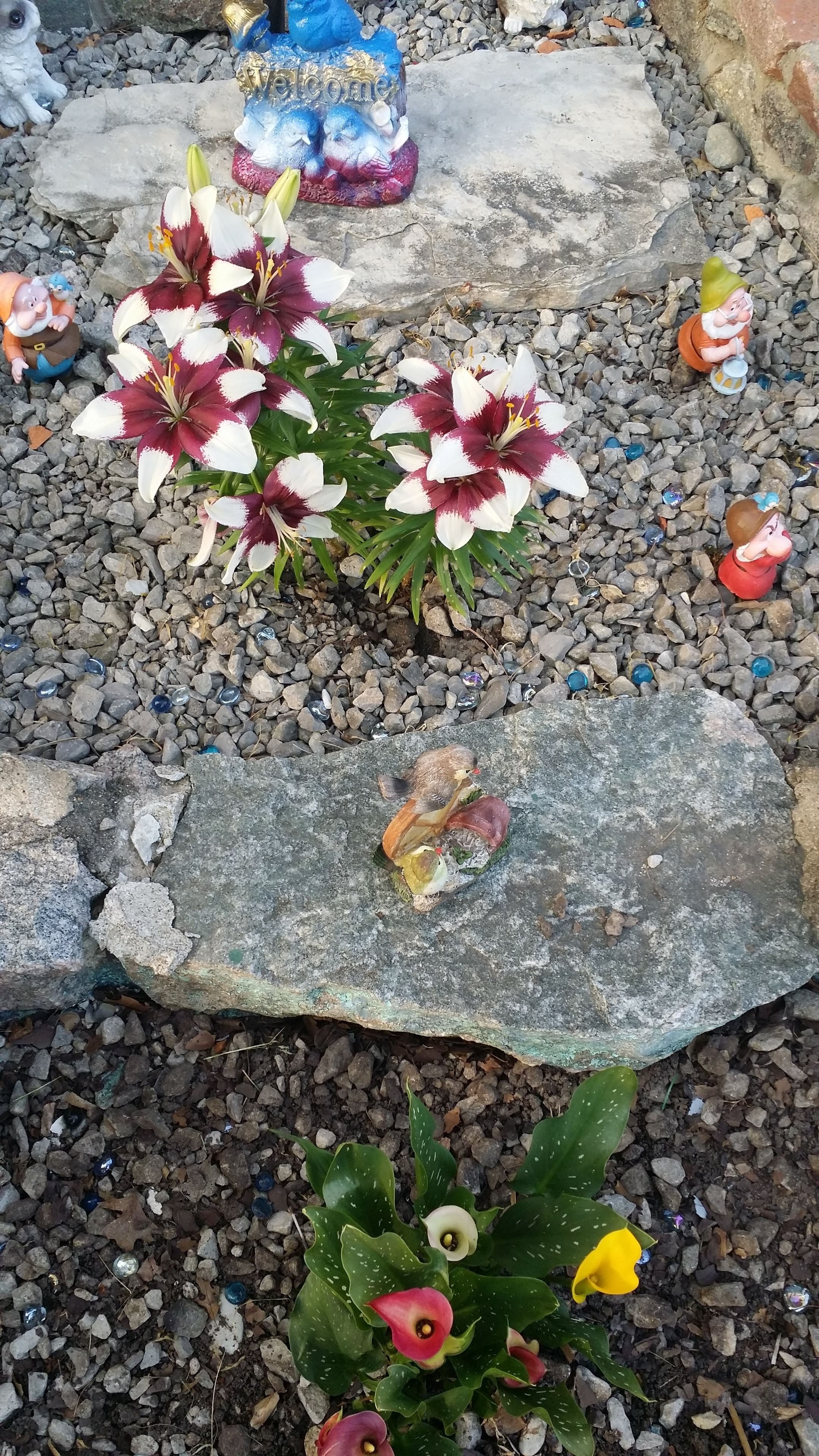 Un jardín decorado con estatuas y plantas diversas, incluyendo un letrero que dice 'Welcome'.
