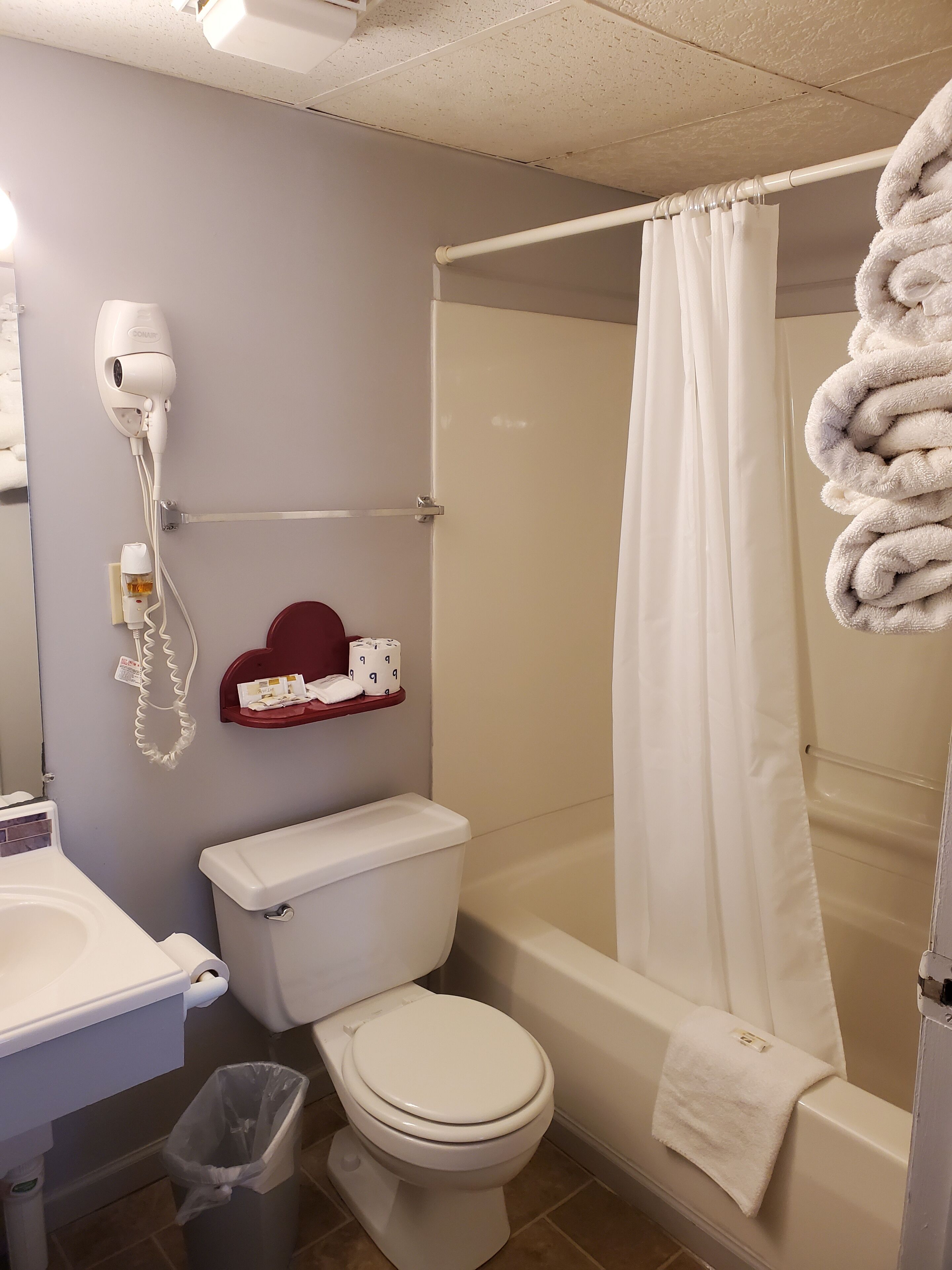 A bathroom with a toilet, a shower with a white curtain, a hairdryer mounted on the wall, and a shelf with toiletries.