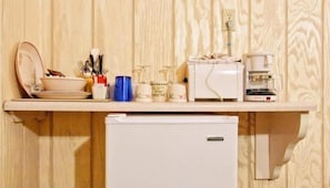 Fridge, microwave, coffee/tea maker, toaster