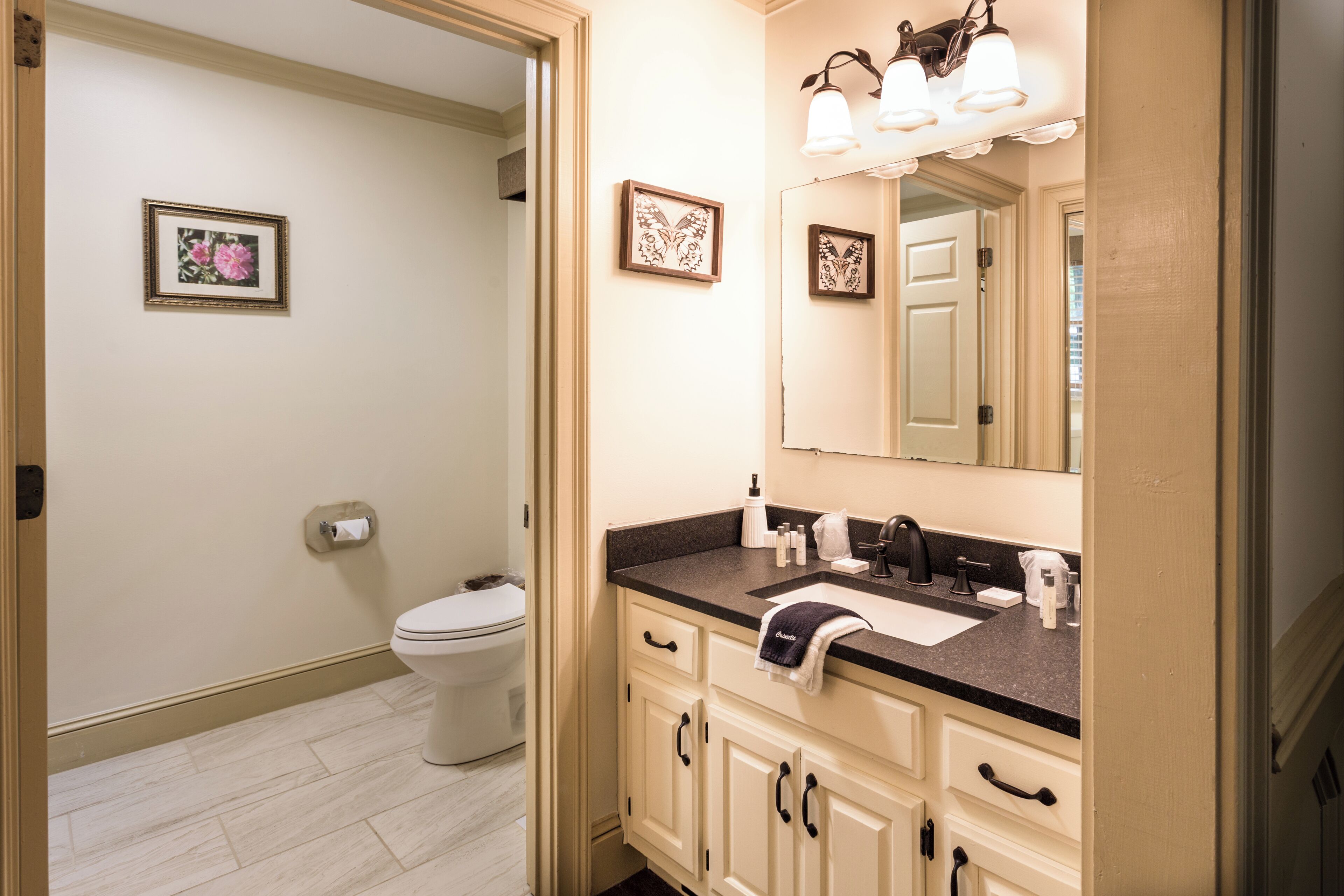 A bathroom with a toilet, sink, and vanity.