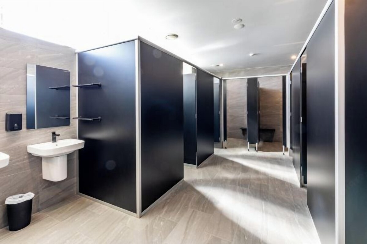 A modern bathroom with a sink, mirror, and black partition walls.