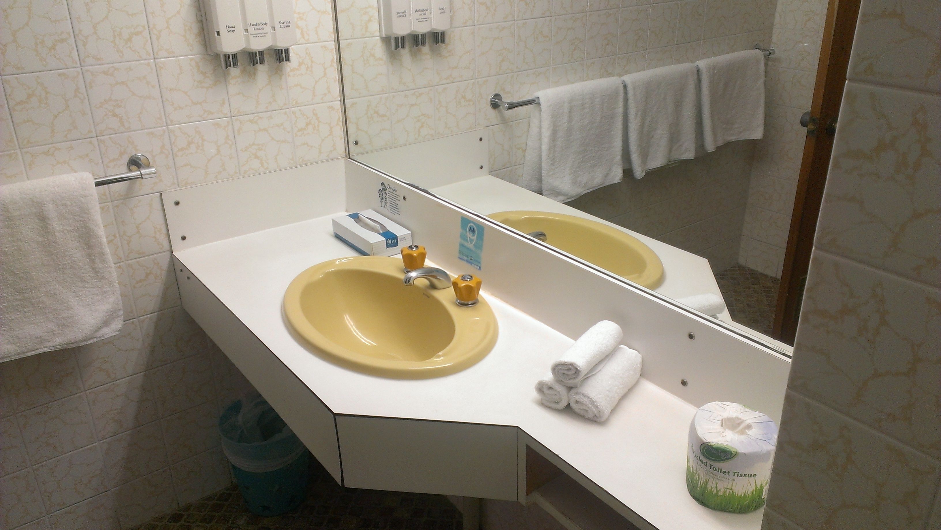Une salle de bain avec un lavabo jaune, un comptoir blanc et un miroir. On y trouve des articles de toilette sur le comptoir, une poubelle et un porte-serviettes avec des serviettes.
