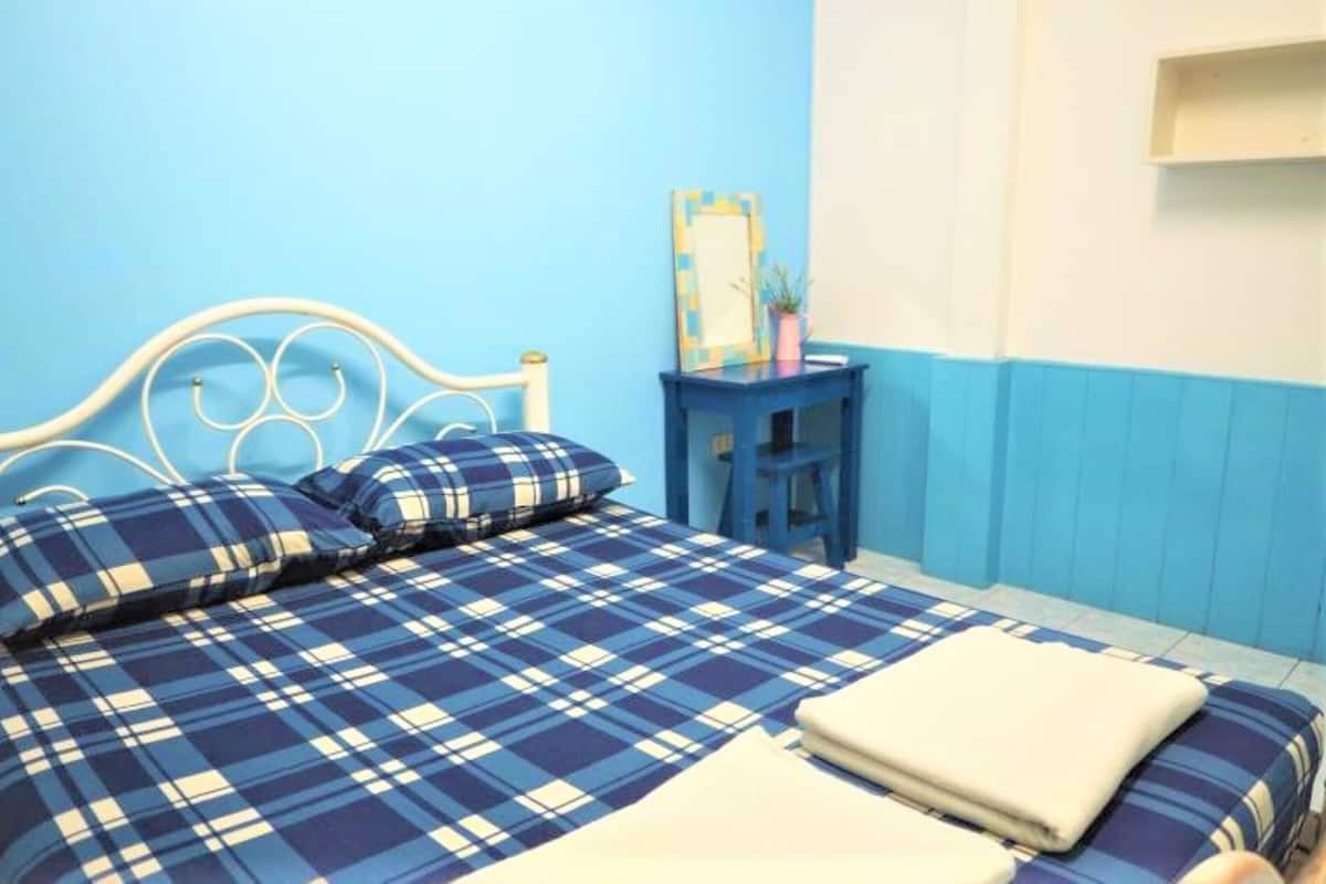 A bed with a blue and white checkered bedspread, a white metal headboard, and a small bedside table with a mirror and a plant.