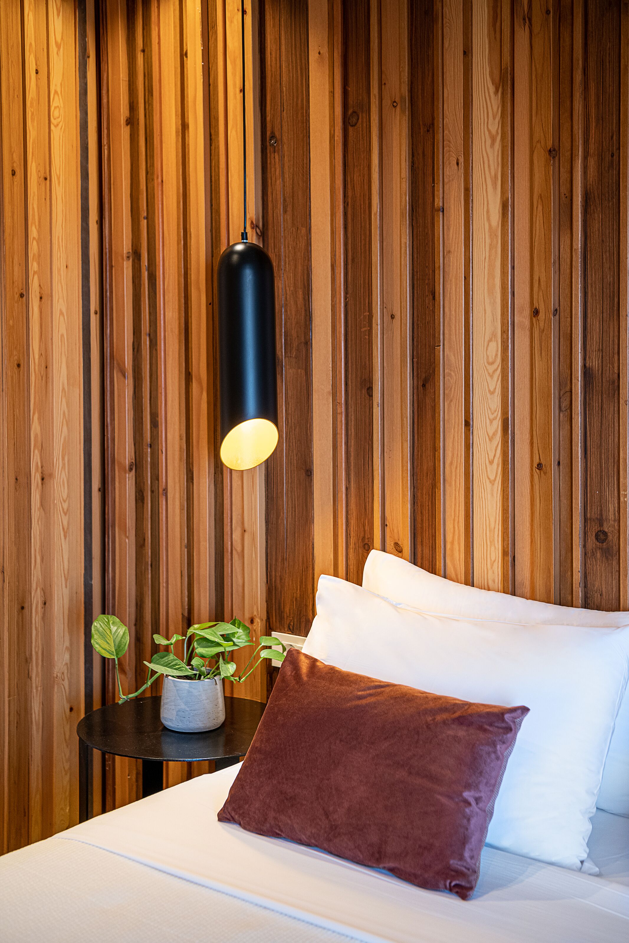 A bed with white linens, a brown pillow, and a small potted plant on a bedside table against a wooden wall.