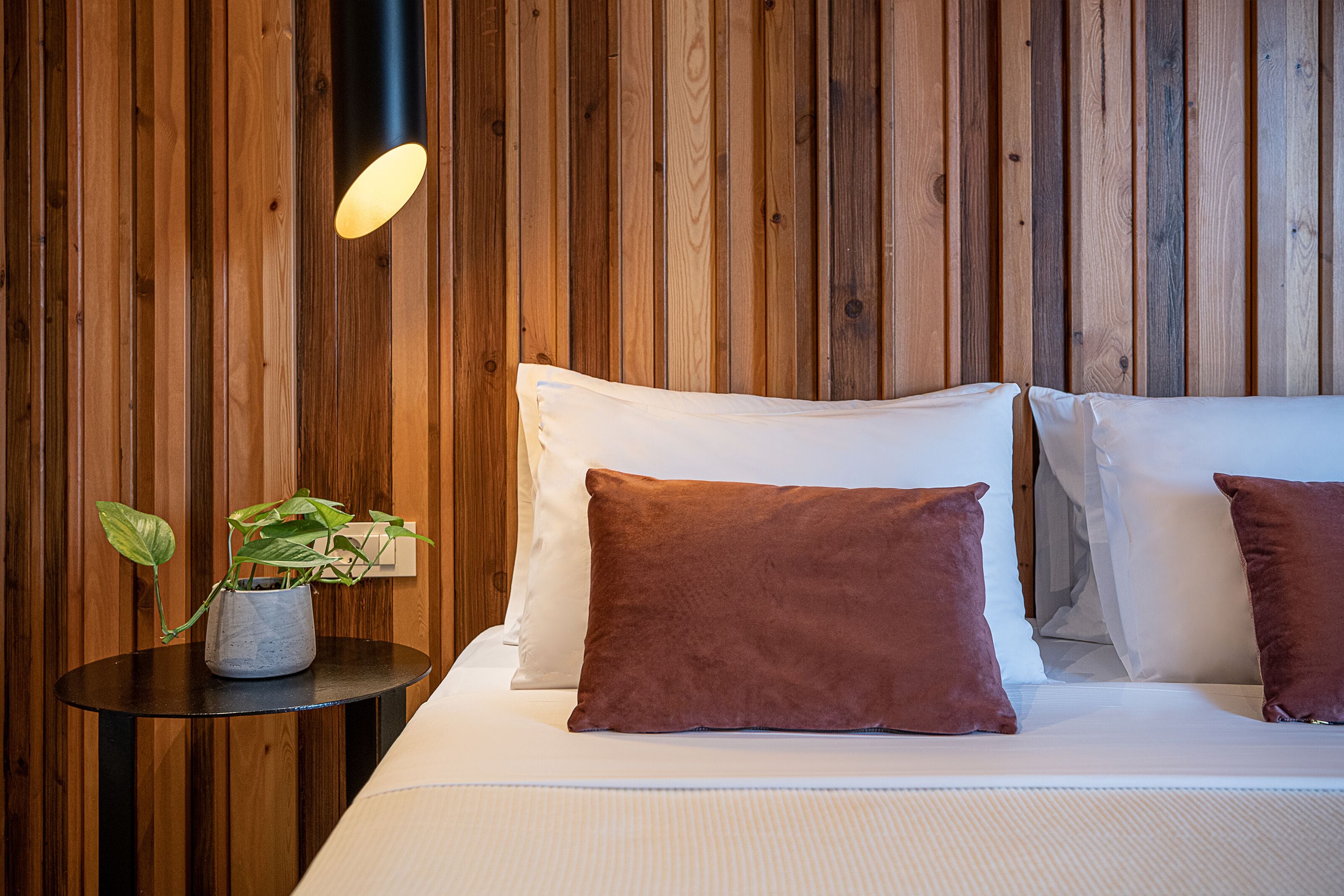 A neatly made bed with white and brown pillows, a small round table with a potted plant, and a wooden wall with vertical planks.