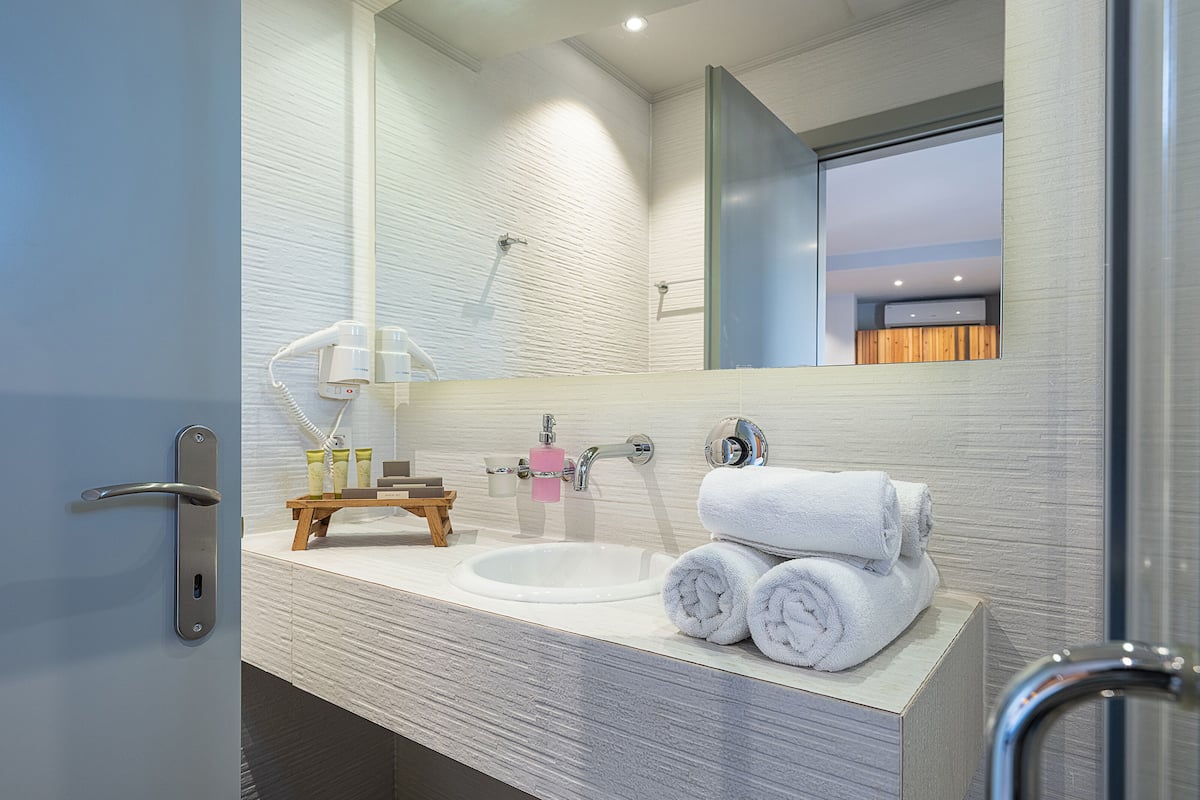 classic double room | bathroom | shower, rainfall showerhead, free toiletries, hair dryer