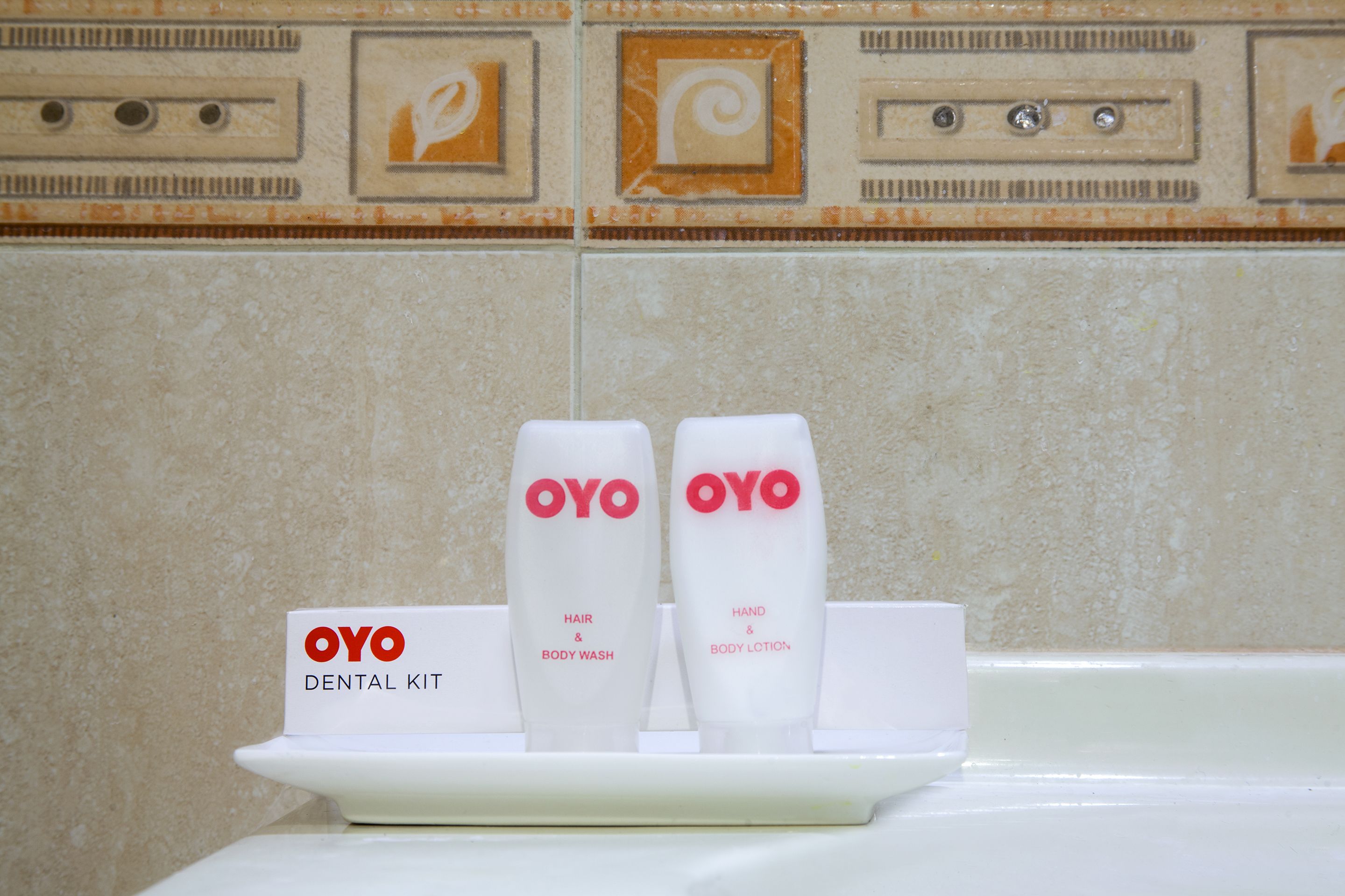 A dental kit with hair and body wash and lotion on a tray.