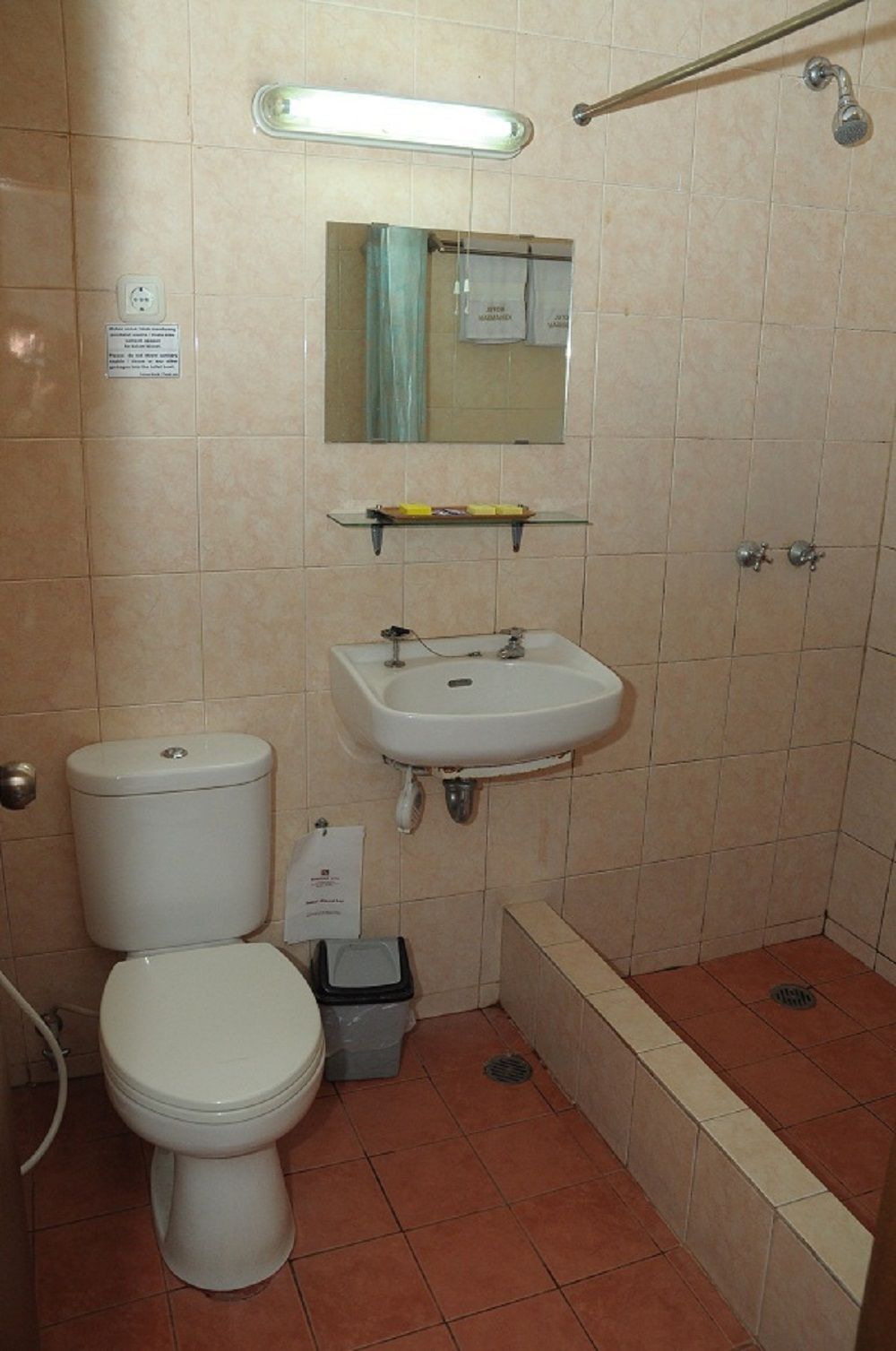 A bathroom with a toilet, sink, and shower.