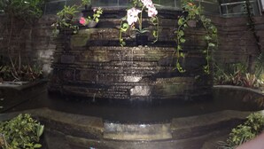 A stone water feature with cascading water, surrounded by potted plants and flowers. - Kedaton Hotel (Bandung)