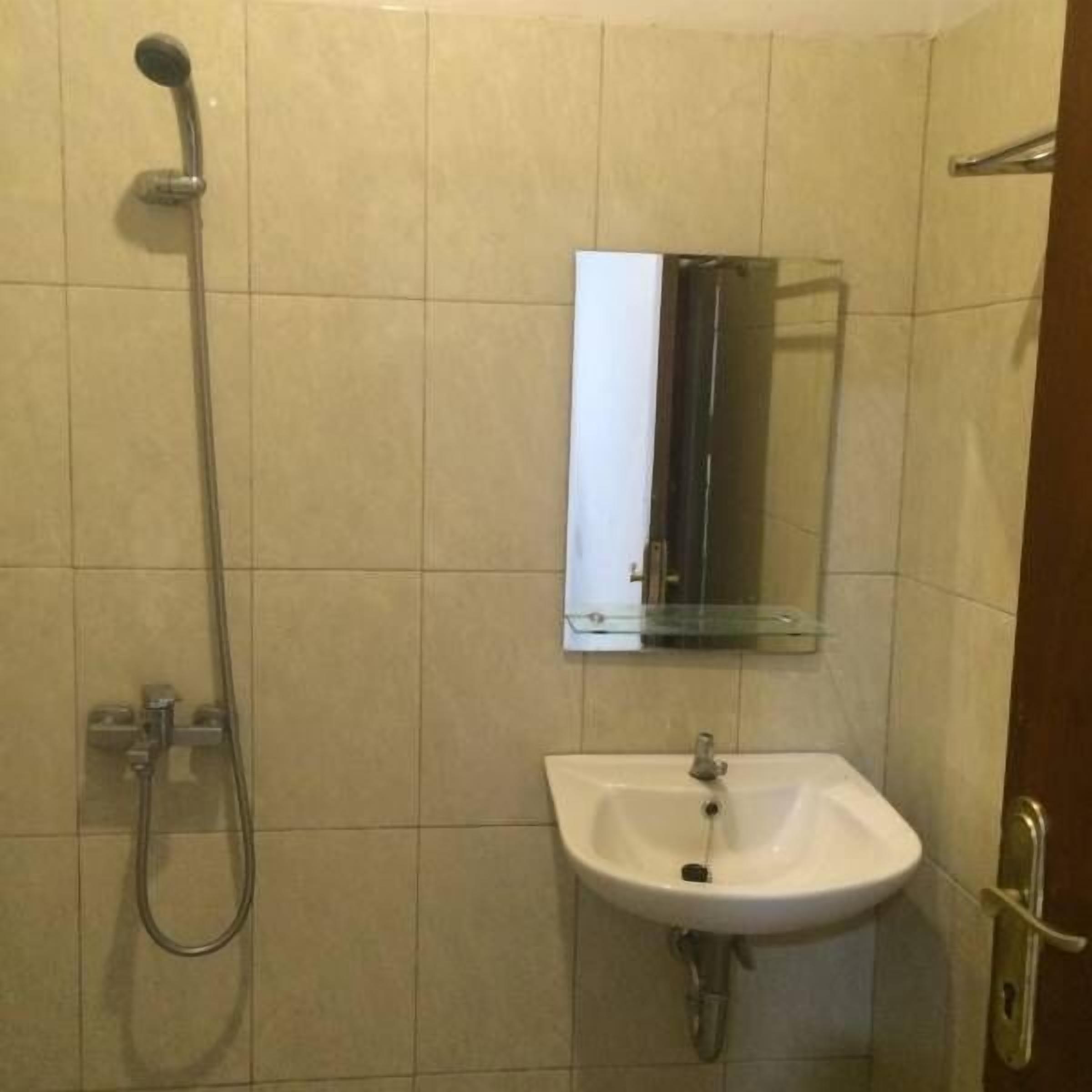 A bathroom with a shower, a sink, and a mirror.