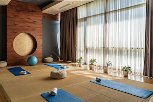 A yoga room with tatami mats, a large exercise ball, and potted plants.