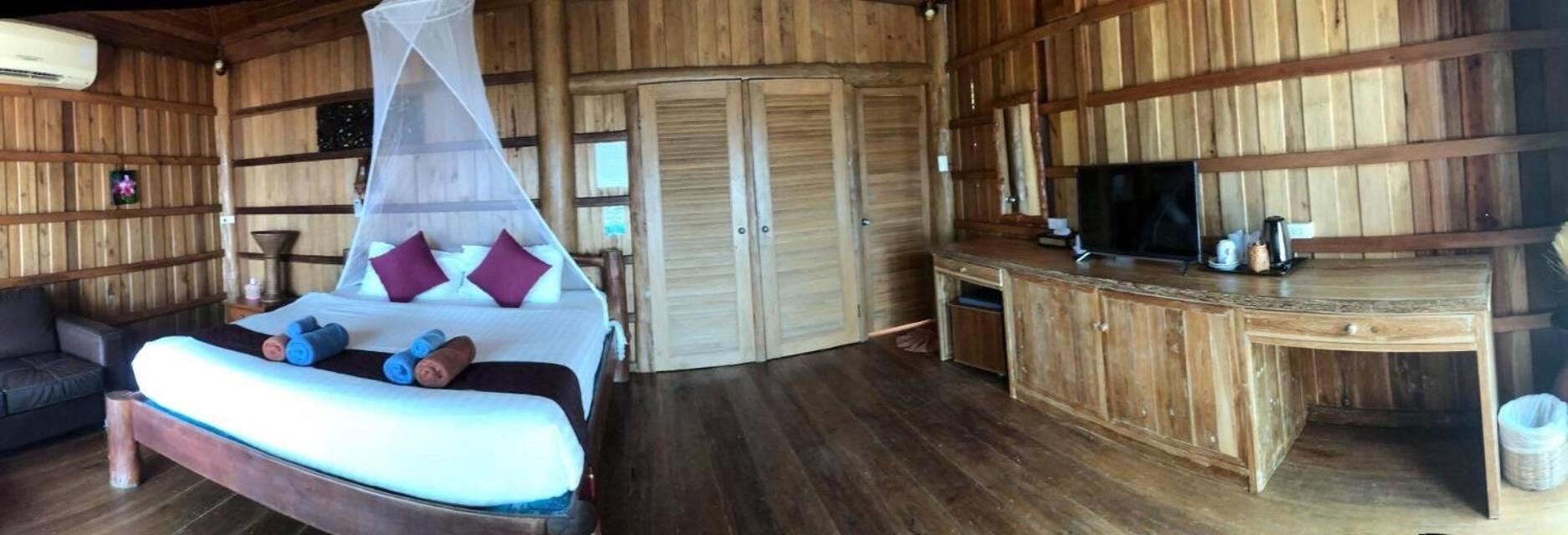 Una habitación de madera con una cama, un televisor, un escritorio y un armario.