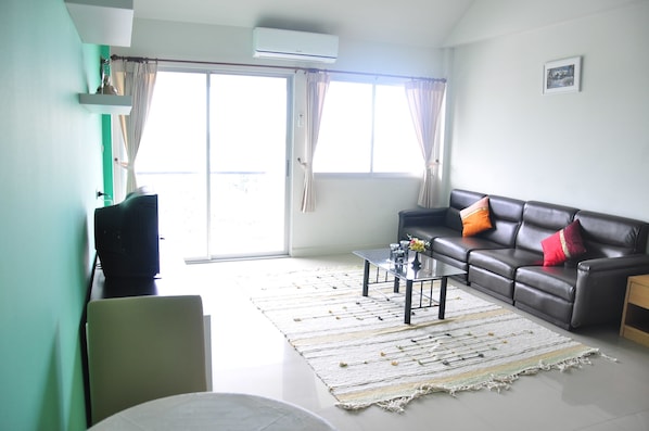 A living room with a sofa, a coffee table, and a television.