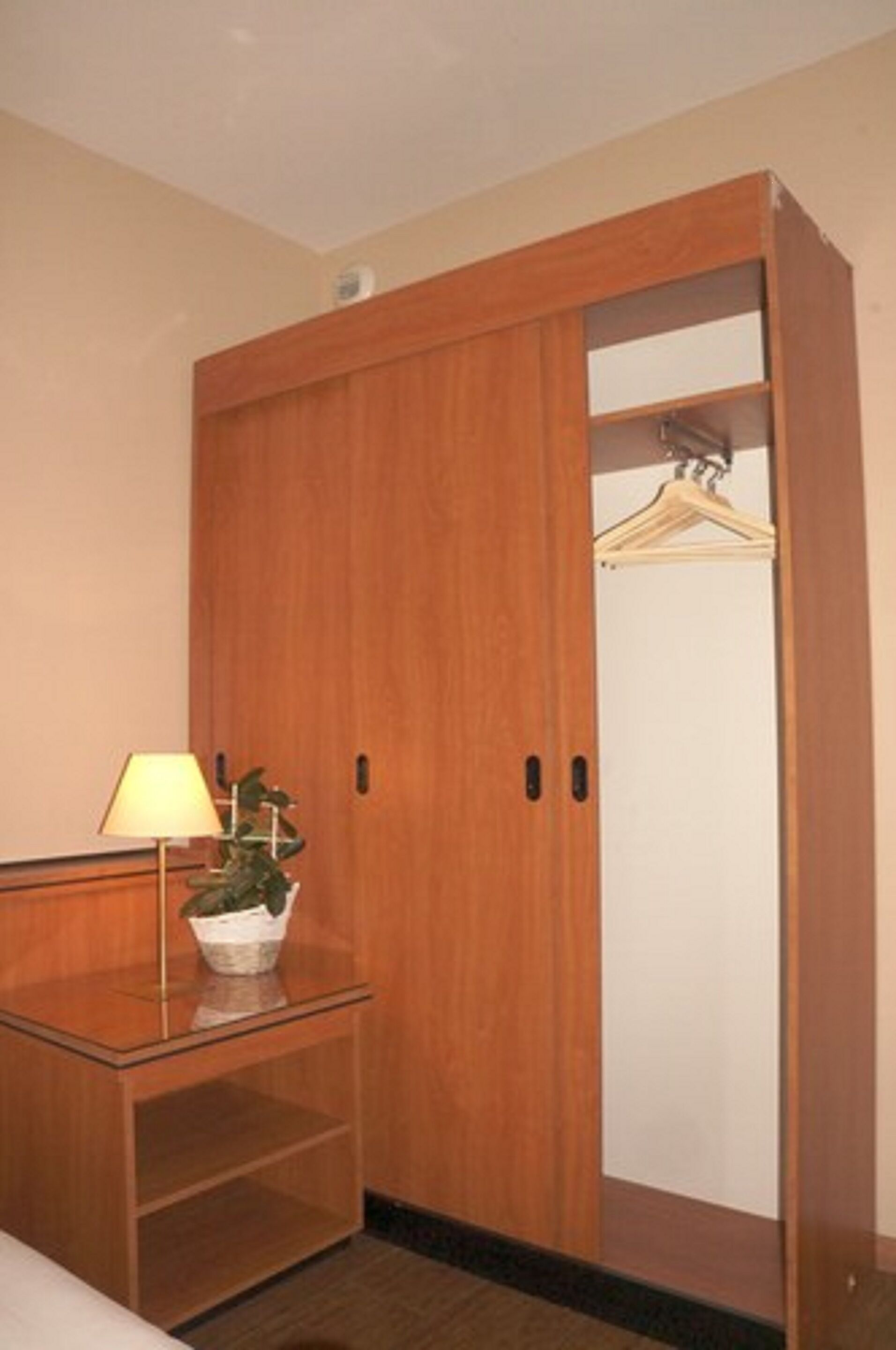 Une chambre d’hôtel avec une armoire en bois, une table de chevet avec une lampe et une plante en pot.