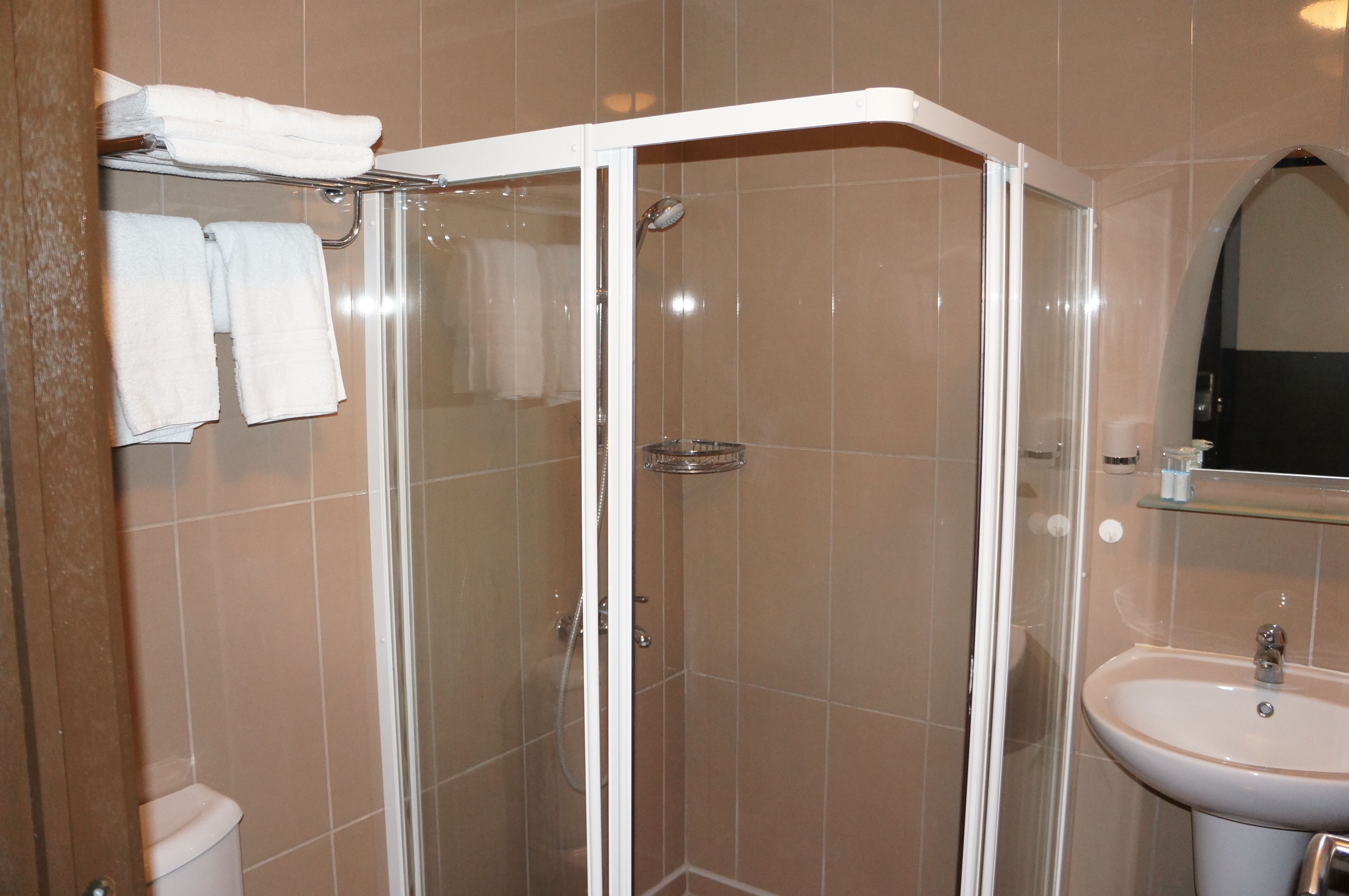 A shower with a glass door, a white sink, and a mirror above it.