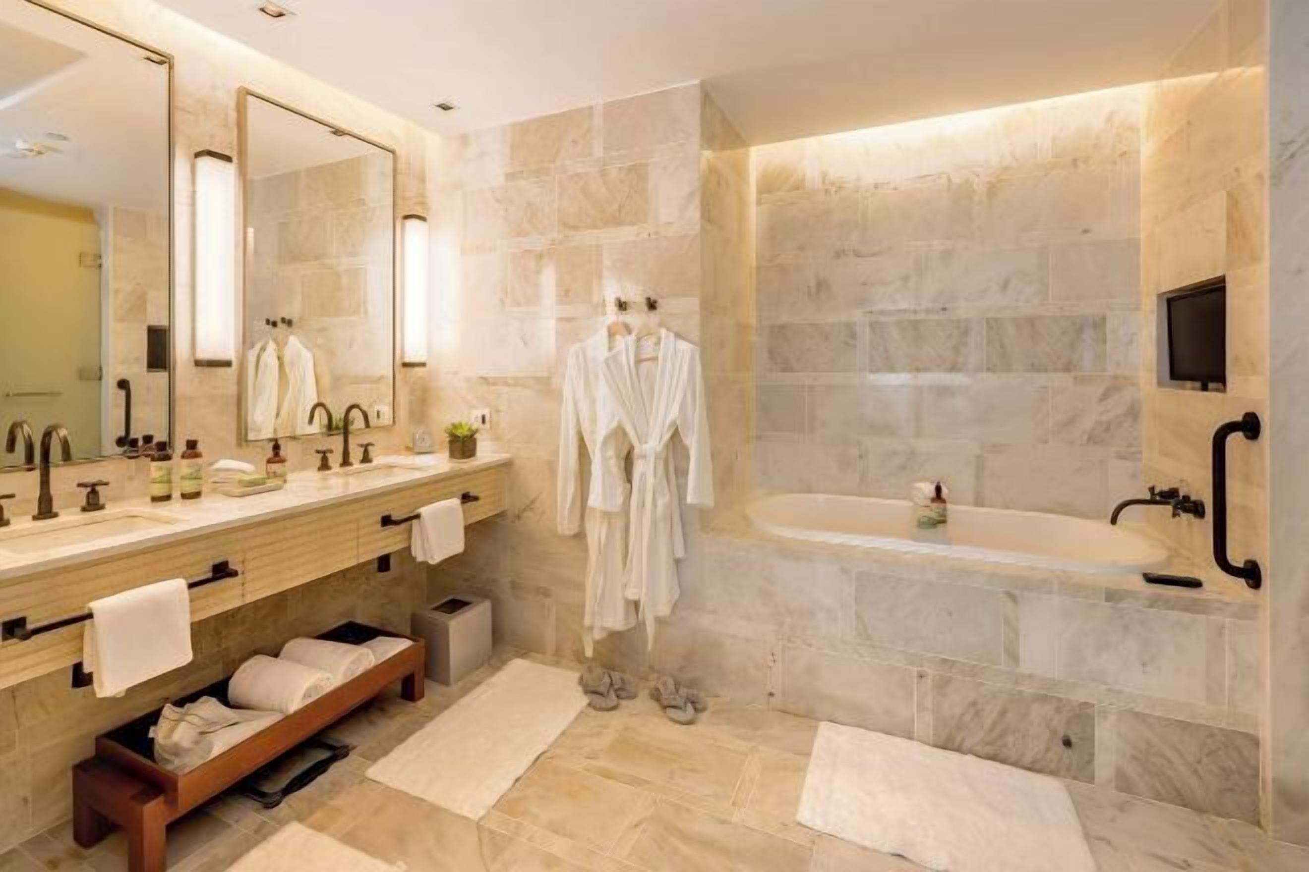 Bathroom | Designer toiletries, hair dryer, towels