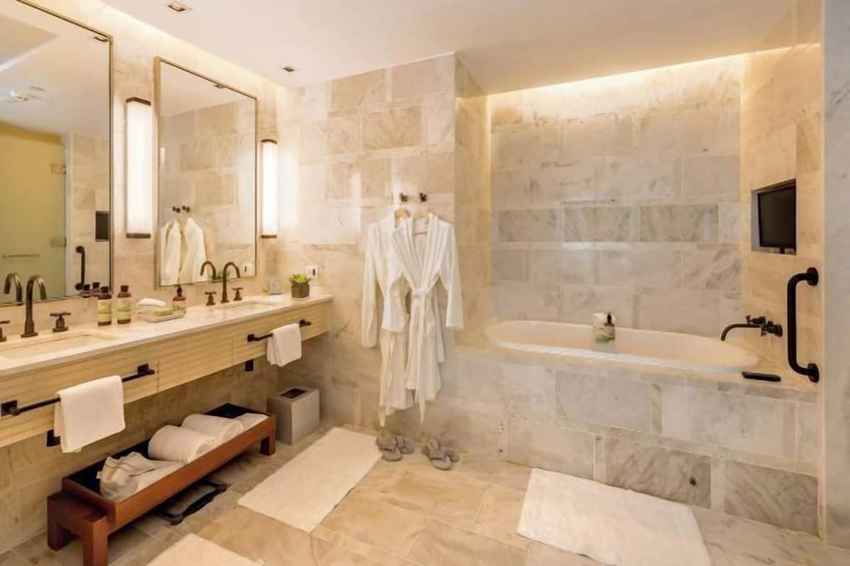 Bathroom | Designer toiletries, hair dryer, towels