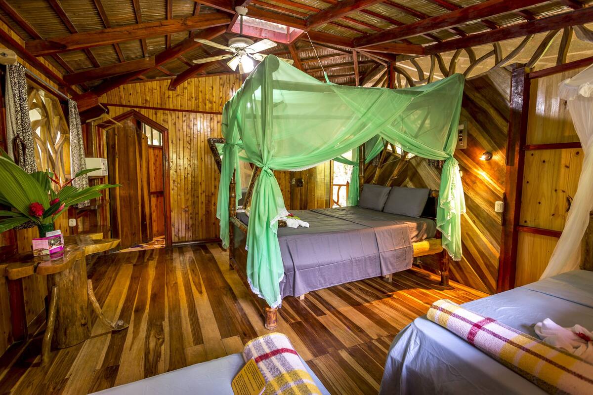 Una cabaña de madera con una cama bajo una mosquitera, una mesita con una planta y un banco.
