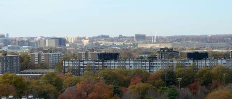 A cityscape with a mix of residential and commercial buildings, a prominent building with a dome, and a distant wind turbine.