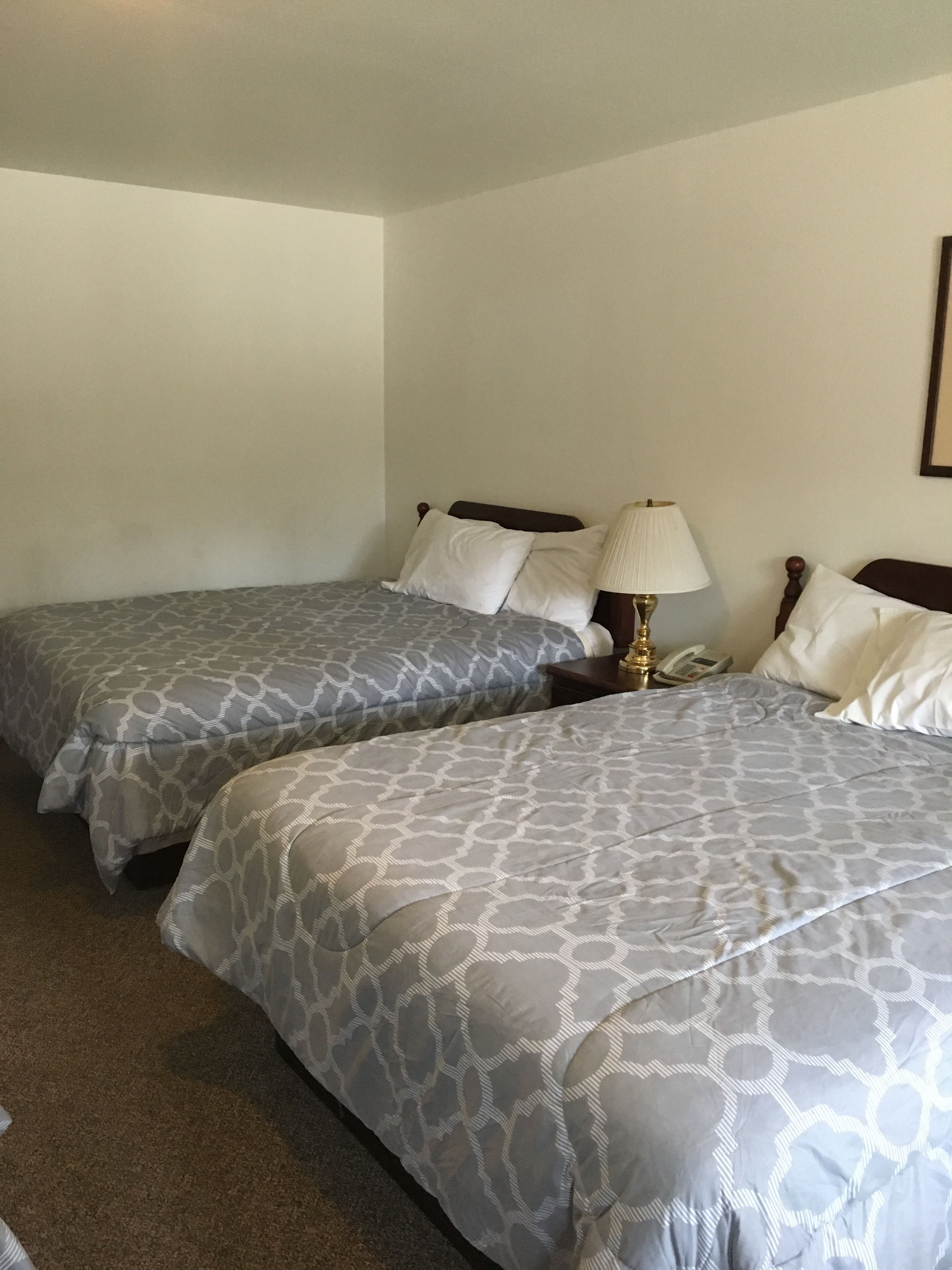 Hotelkamer met twee bedden, elk met een beddekleed met patroon, een bedlampje en een telefoon op het nachtkastje.