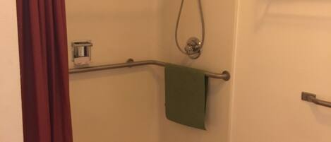 A shower area with a glass door, a showerhead, a towel rack, and a small bench.