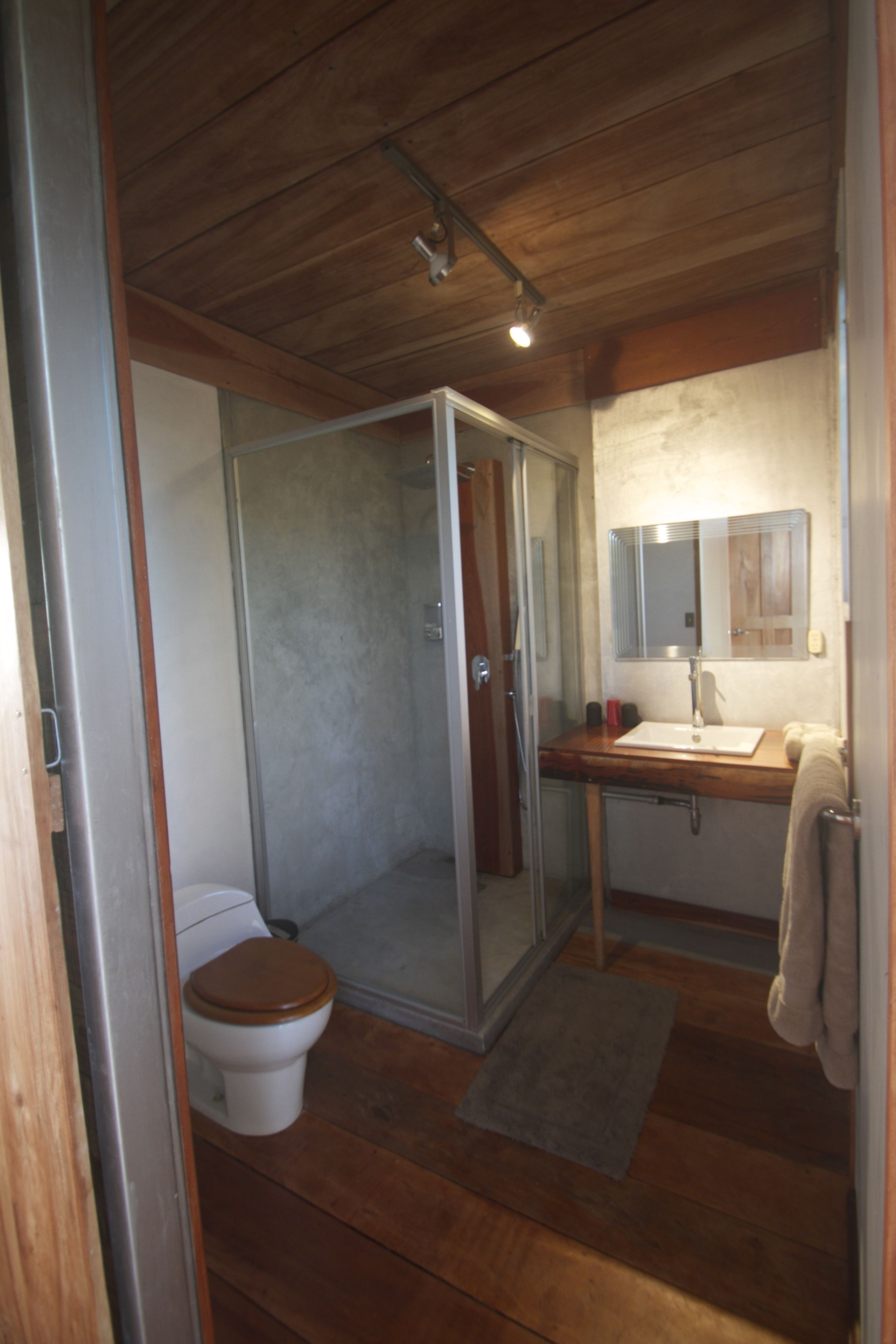 Une salle de bain avec un plancher en bois, une douche en verre, des toilettes, un lavabo et un porte-serviettes.