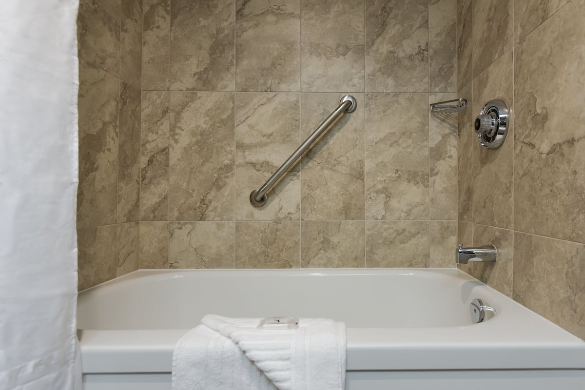 standard room, 1 king bed, non smoking | bathroom | combined shower/bathtub, rainfall showerhead, free toiletries