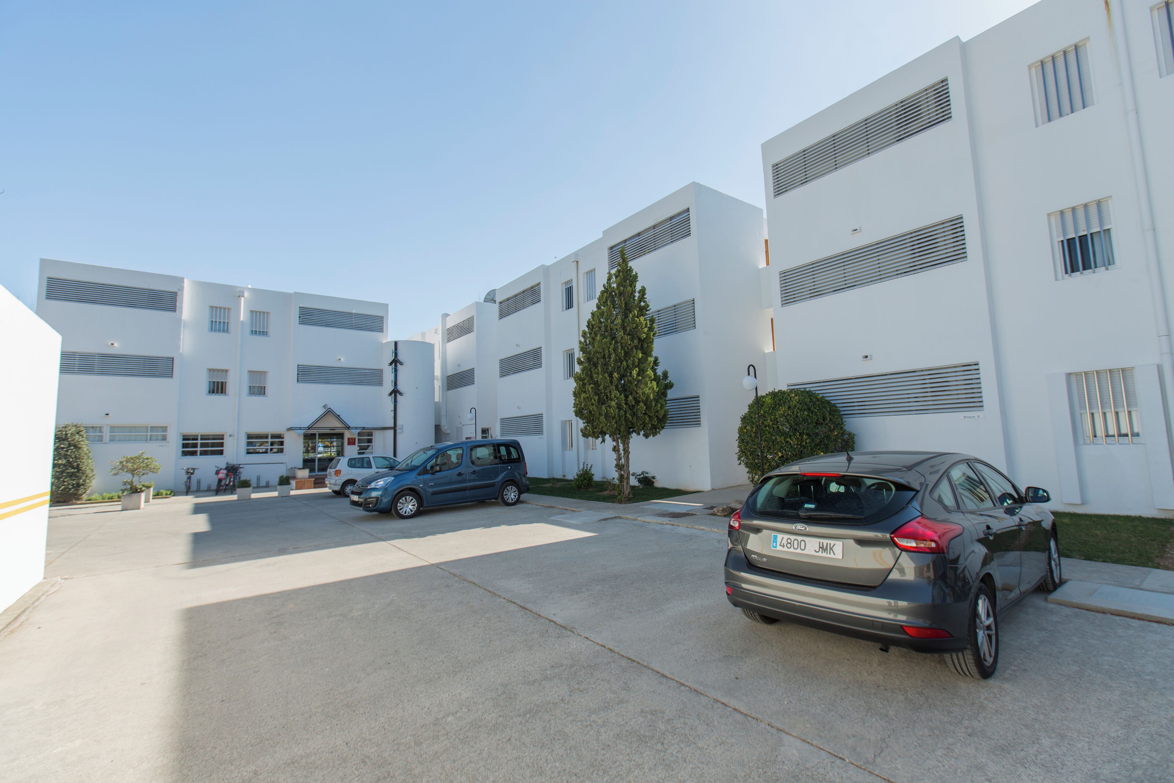 Un edificio moderno de varios pisos, un estacionamiento con coches y un árbol pequeño.