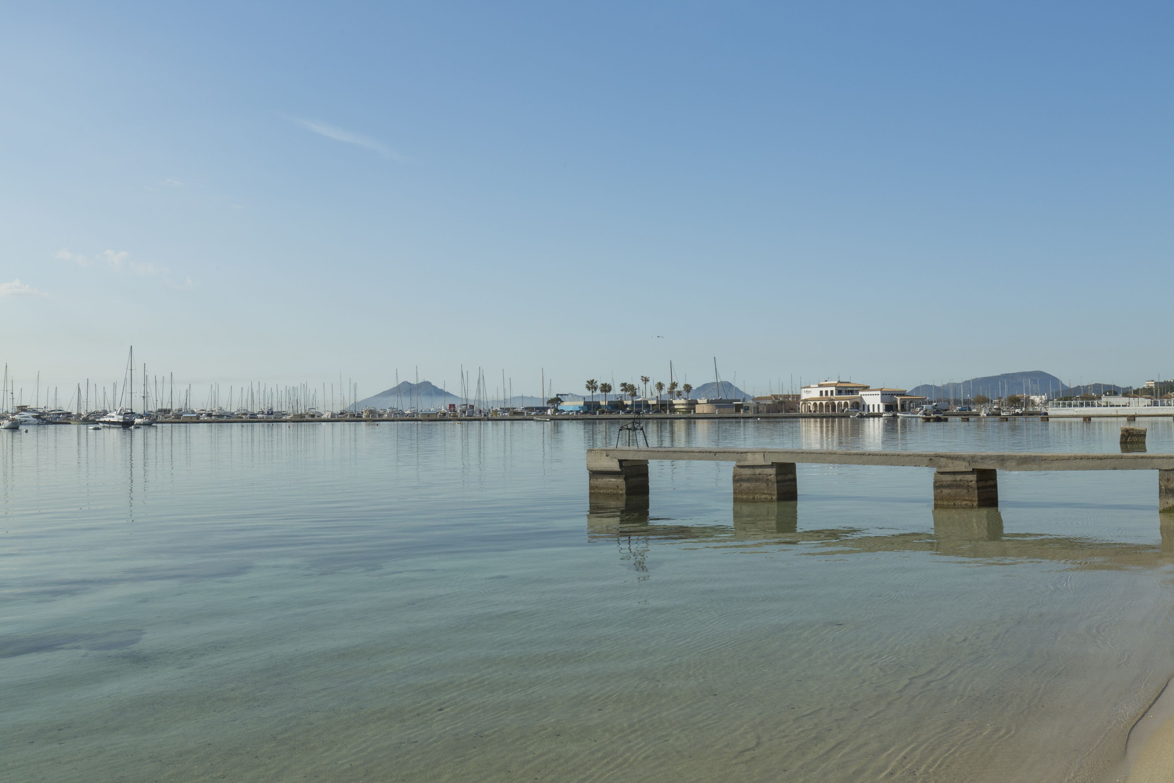 A calm waterfront with a concrete pier extending into the water.