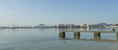 A calm waterfront with a concrete pier extending into the water.