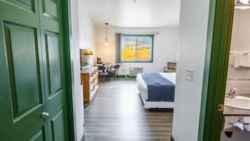 Desk, laptop workspace, blackout drapes, soundproofing