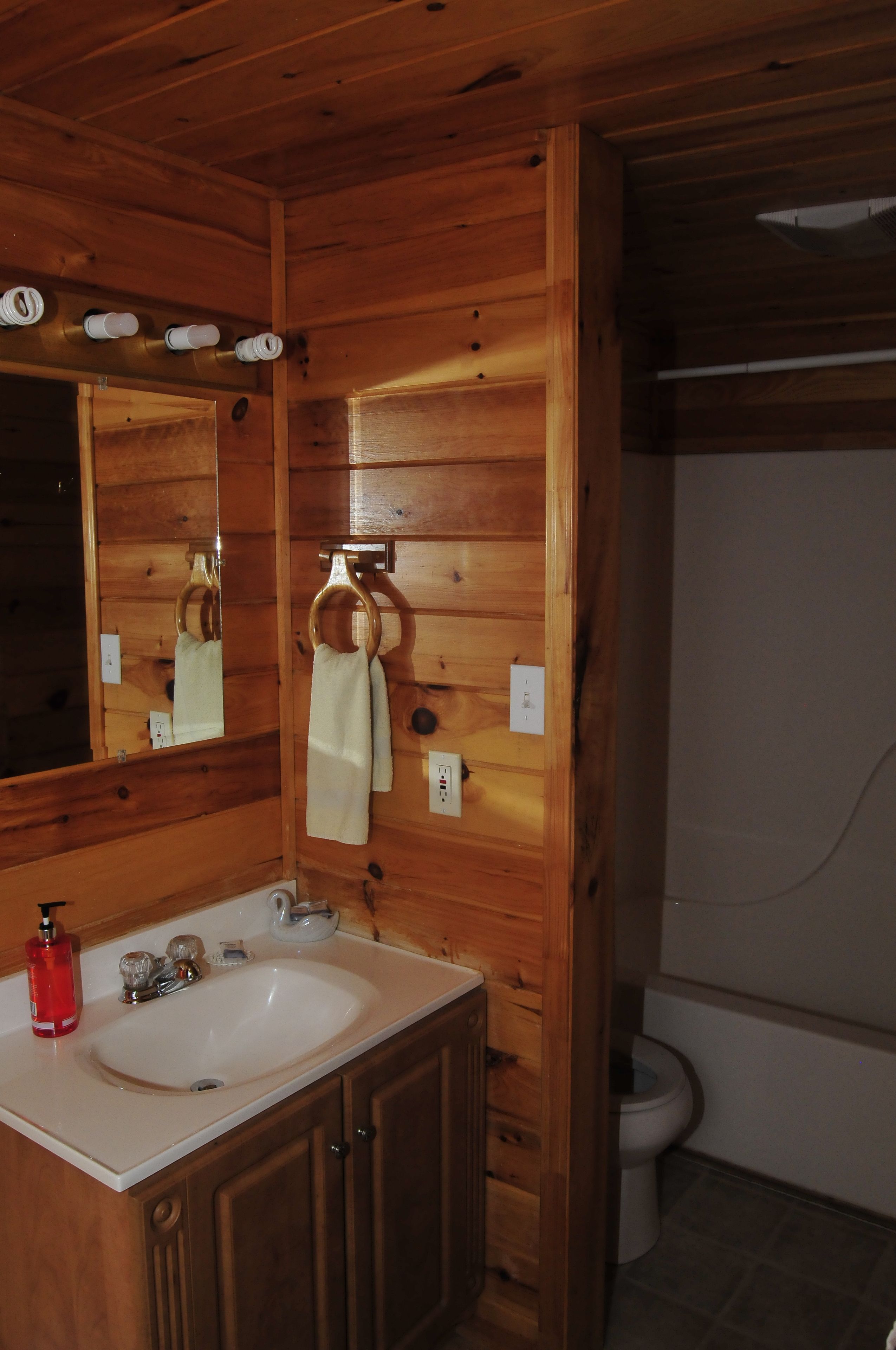 A wooden-paneled bathroom with a sink, mirror, towel ring, and toilet.