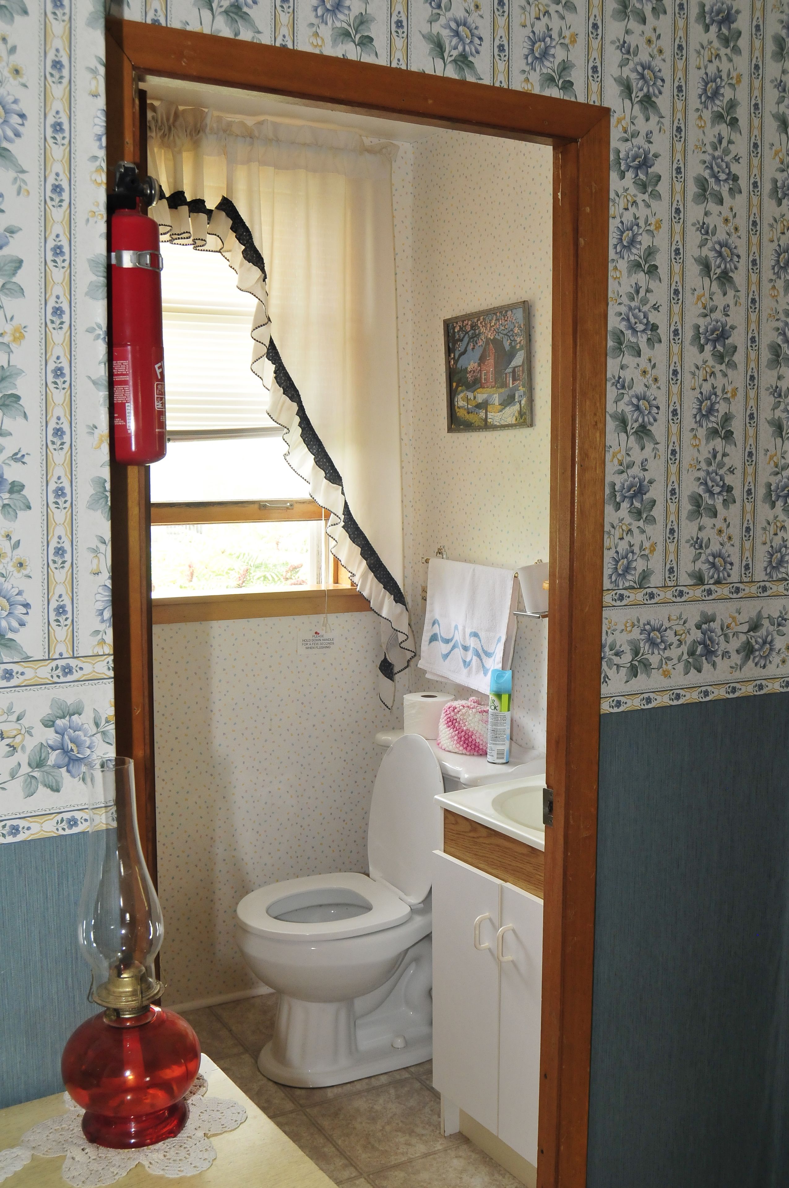 Un baño con inodoro, lavabo, extintor rojo y ventana con cortinas.