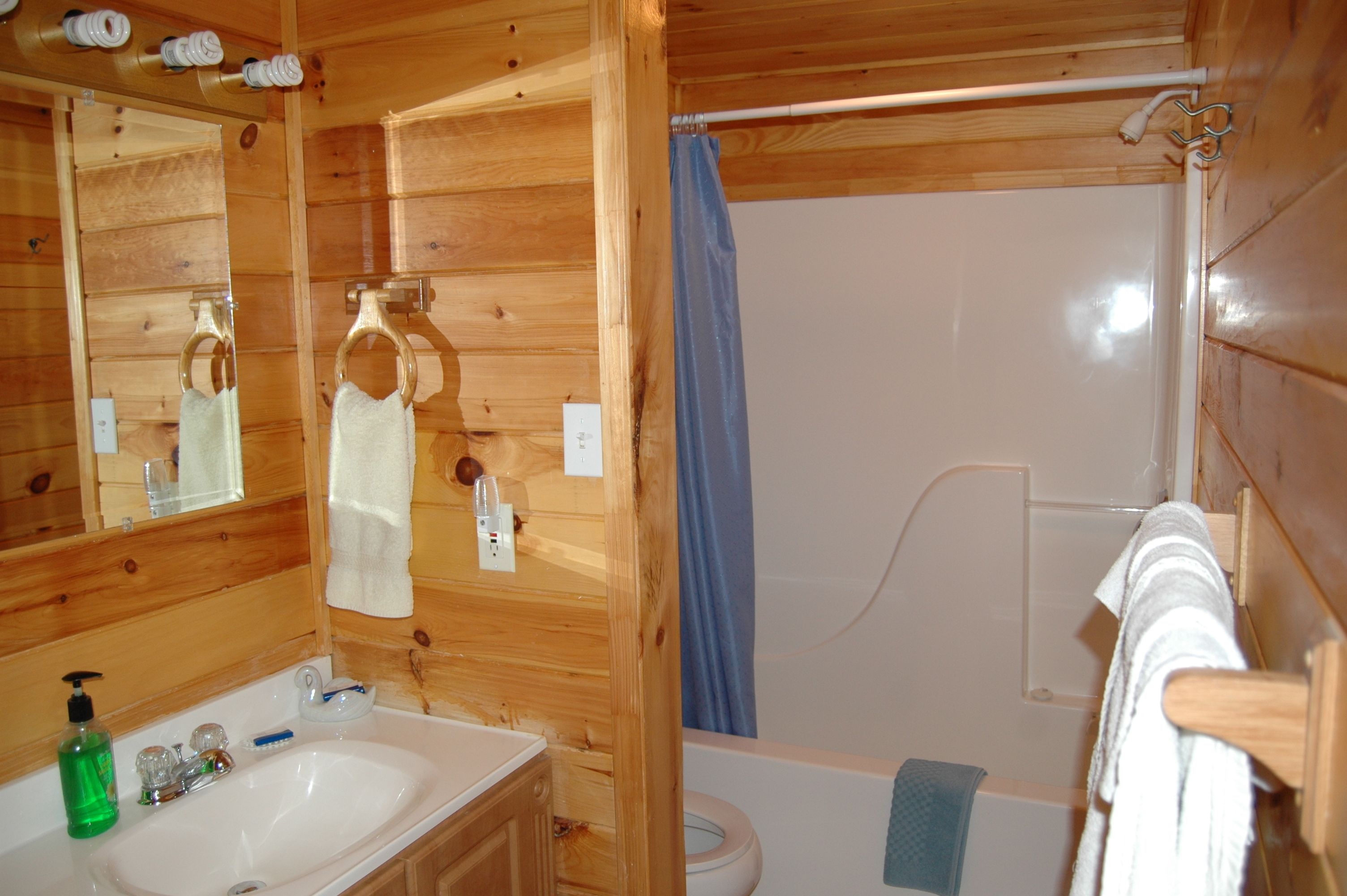 A wooden cabin bathroom with a sink, mirror, and shower.