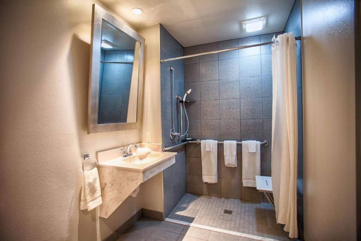 suite, 1 king bed, accessible, kitchenette | bathroom | shower, hair dryer, towels