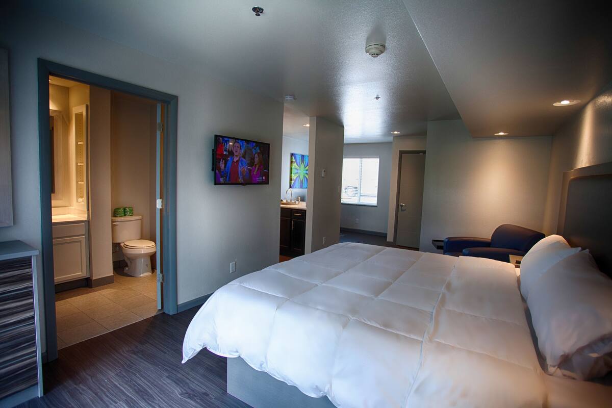 Quarto de hotel moderno com uma cama grande, televisão e banheiro com vaso sanitário e pia.